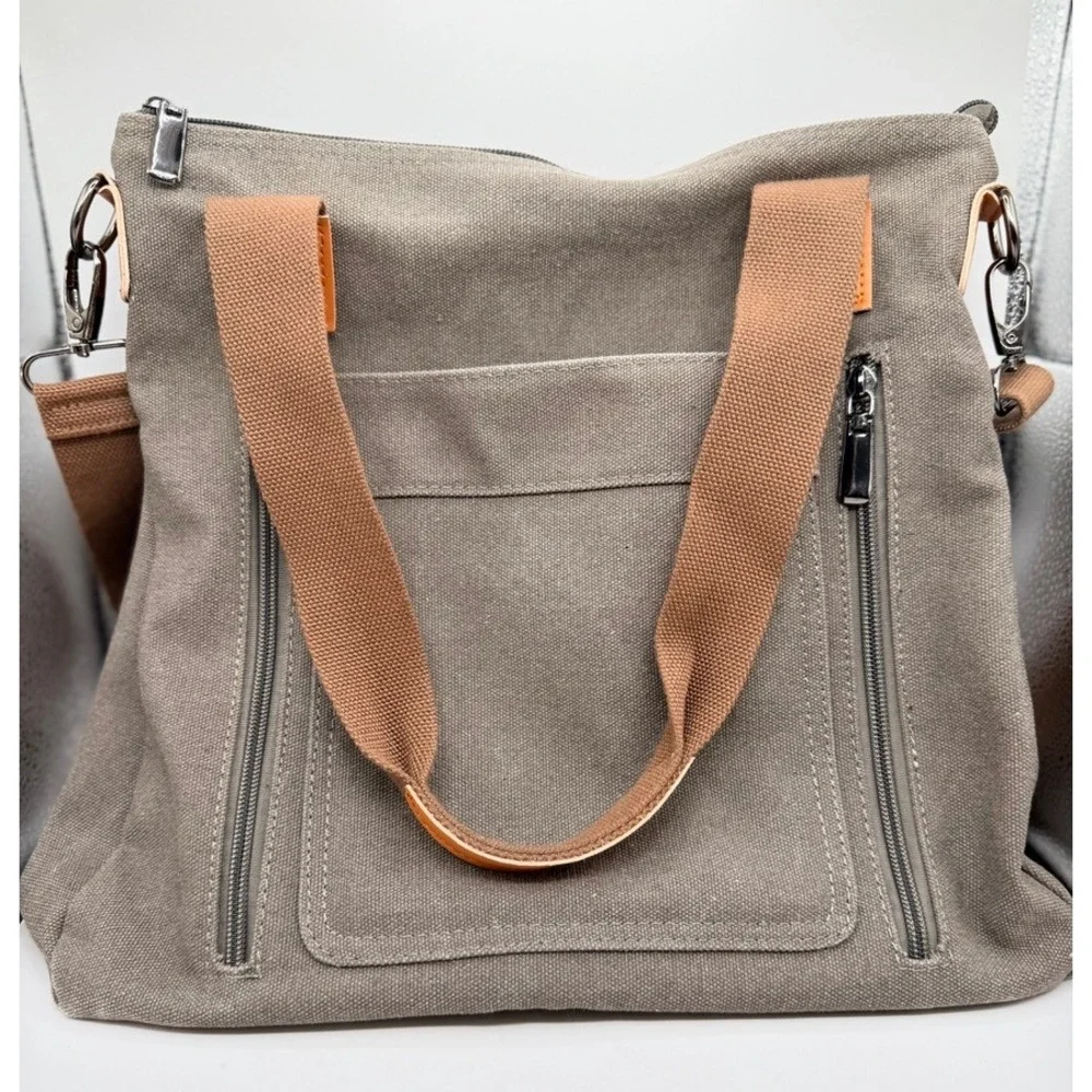 Unbranded Canvas Tote Bag Multi-Pocket Crossbody Large Gray Brown Excellent